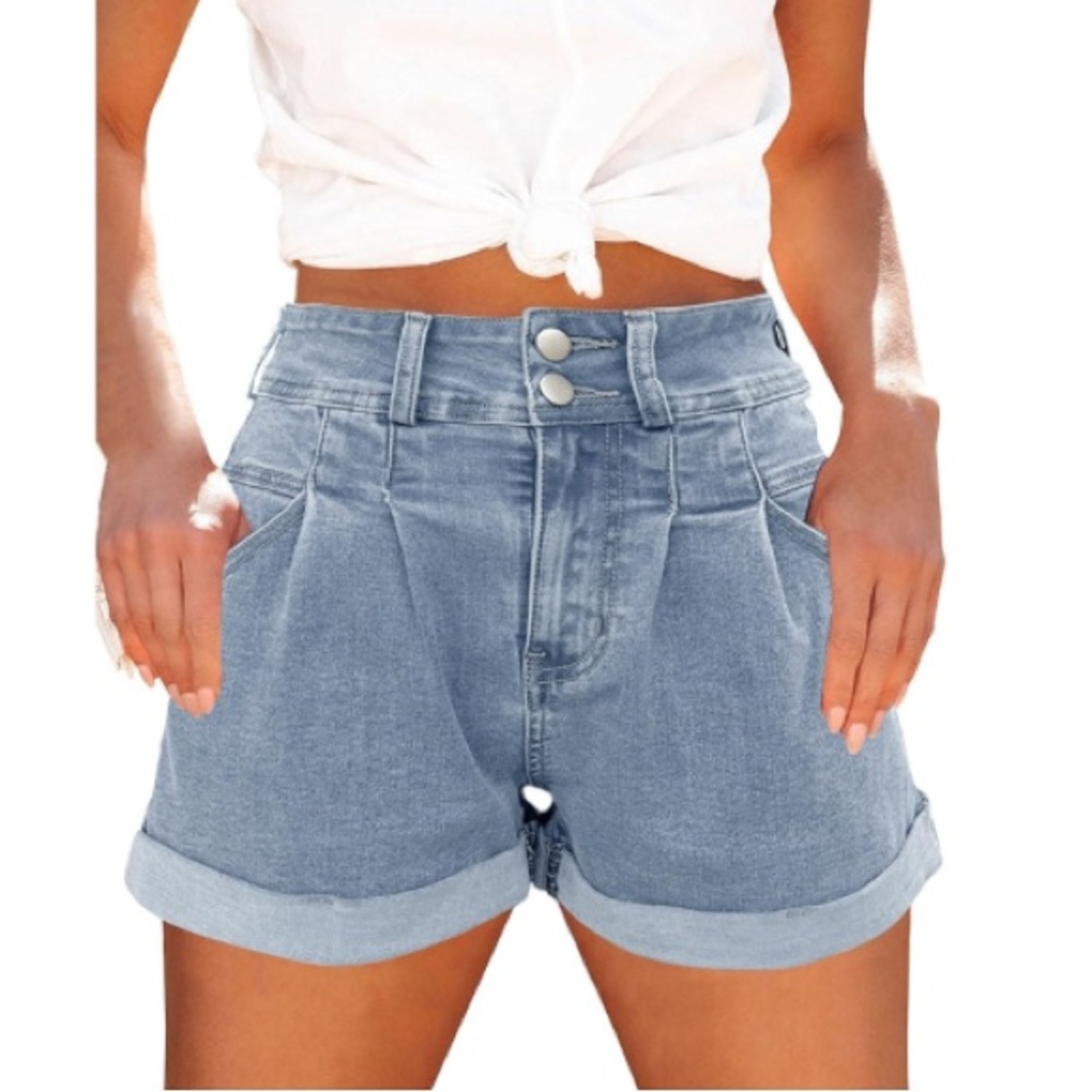 Womens Relaxed Fit Casual High Waist Pocketed Denim Shorts